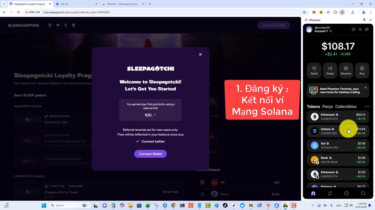 The image shows a computer screen displaying a video tutorial about farming an Airdrop for a game called SleepPacto. The tutorial explains that the player needs to create an account, enter their email address, and follow the instructions provided on the screen. The tutorial also mentions that there is a free opportunity available with few participants who have already earned points from watching it.