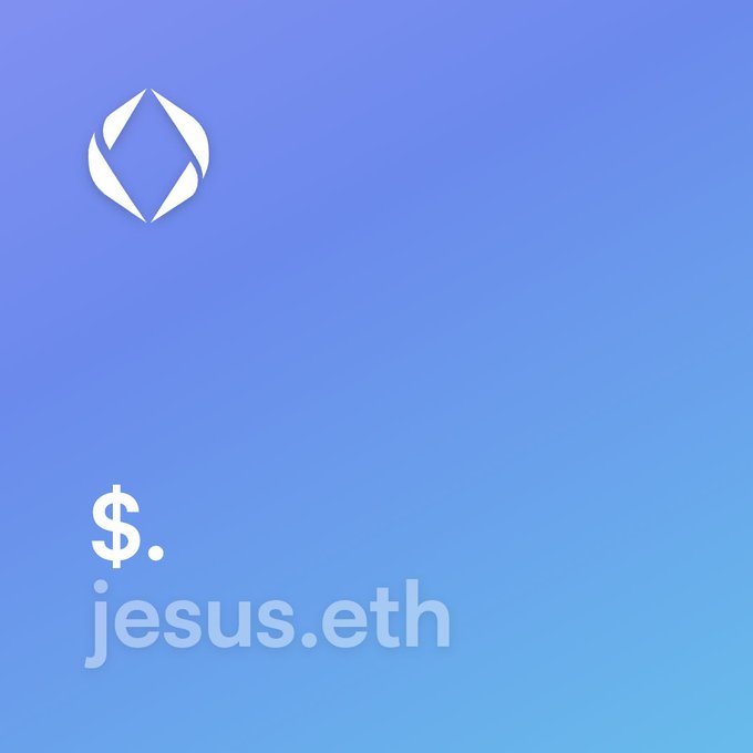 A digital graphic with a blue gradient background displaying an Ethereum logo and the text '$. jesus.eth', representing an ENS domain.