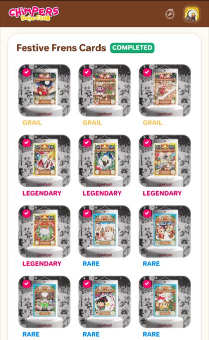 A completed 'Festive Frens Cards' collection on the Chimpers app shows 12 cards marked as grail, legendary, and rare rarities.