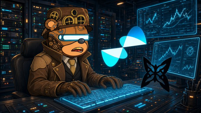 An AI-generated image of a bear-like character wearing goggles, a cap, and a brown coat, sitting at a futuristic computer setup with glowing blue screens and an 'X' logo.