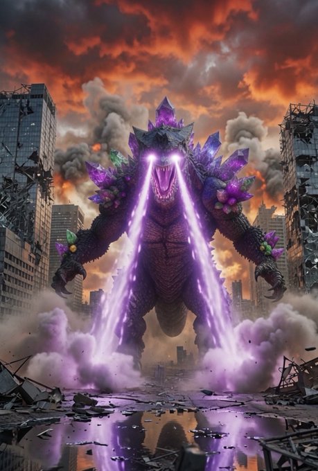 A massive, purple crystalline kaiju known as The Crysalith towers over a ruined city, unleashing twin beams of violet energy from its glowing eyes amid apocalyptic red skies. Its jagged crystal protrusions and destructive rampage embody the "Crystal Titan" theme, as pulverized buildings and swirling debris showcase its devastating power.
