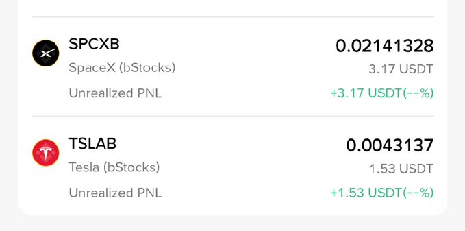 A portfolio view showing 'bStocks' holdings: SPCXB (SpaceX) at 0.02141328 and TSLAB (Tesla) at 0.0043137, both with unrealized gains.
