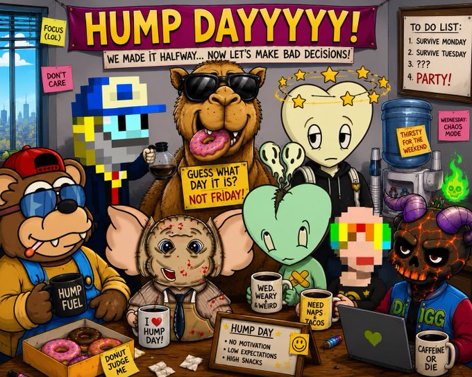 A chaotic cartoon illustration titled 'HUMP DAYYYYY!' featuring various characters including a camel with sunglasses, Mario, Groot, and other pop culture references celebrating midweek.
