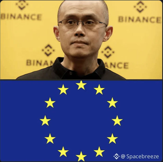 The image is a split composition: the top half shows a man in a black shirt standing in front of a yellow Binance-branded backdrop, while the bottom half displays the European Union flag with its circle of 12 yellow stars on a blue field. A watermark reading "@Spacebreeze" appears in the bottom right corner.

This visual reinforces the accompanying news about Binance confirming it won't obtain the MiCA (Markets in Crypto-Assets) license before the EU's June 30 deadline, with the EU flag symbolizing the regulatory jurisdiction that will impose service restrictions on the exchange starting July 1.