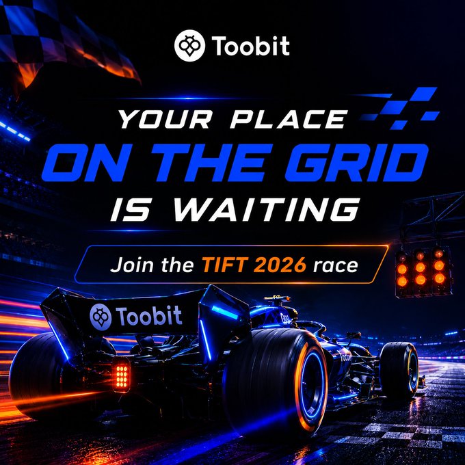 A Toobit-branded Formula 1-style race car is shown speeding along a track under dramatic lighting with a checkered flag, promoting the "TIFT 2026" race with the headline "YOUR PLACE ON THE GRID IS WAITING" and "Join the TIFT 2026 race" tagline, directly supporting the post's call to action to stop watching from the sidelines and join the $3M Championships.