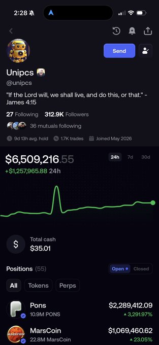 A screenshot of the Unipcs trading profile showing a portfolio of $6,509,216.55 with notable positions including $2,289,412.09 in PONS (10.9M PONS) and $1,069,460.62 in MarsCoin, up $1,257,965.88 in 24 hours and over $3 million in 7 days. The image illustrates the post's praise for Unipcs as a transparent, high-performing trader whose well-known positions justify being platformed.