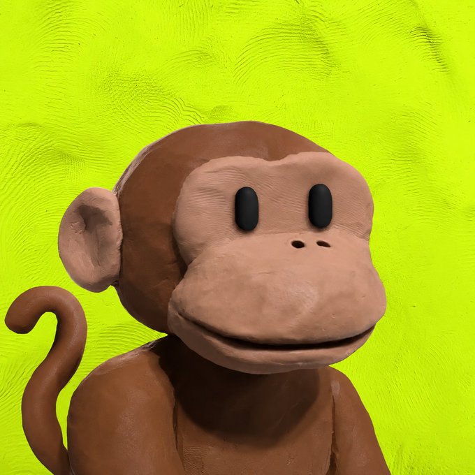 A 3D-rendered clay-style monkey with a friendly expression is shown against a bright lime-green background, accompanying the inscription #397,912. The cartoonish primate figure, featuring a curled tail and simple black eyes, appears to be part of a playful Bitcoin Ordinals-style collection piece.