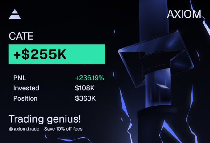 The image is a promotional graphic for Axiom.trade showing a trader with the handle "CATE" claiming a +$255K profit (+236.19%) from a $108K investment that grew into a $363K position, branded with the tagline "Trading genius!" and a "Save 10% off fees" offer. It visually backs the post's brag that this trader "retired off" the poster's $CATE callout, while simultaneously serving as a recruitment ad steering viewers to join the poster's Telegram channel t.me/AlphaAgentcall.