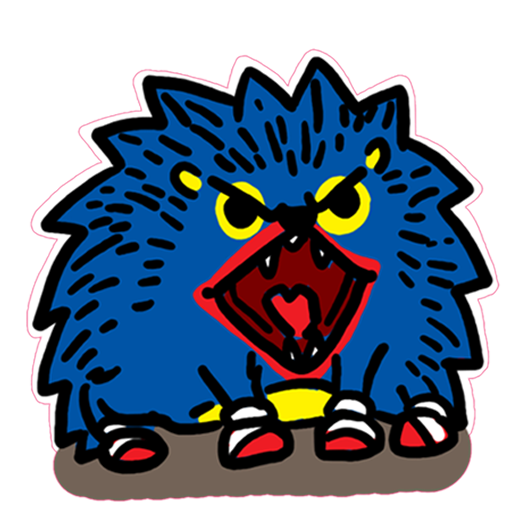 A cartoon illustration of an angry blue monster with yellow eyes, sharp teeth, and red claws growling aggressively.