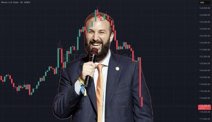 A bearded man in a suit smiles while holding a microphone, superimposed over a candlestick chart of Bitcoin/USD showing a recent sharp decline near $118,200, visually echoing the post's $NAKA ticker by illustrating the market volatility affecting crypto-linked stocks.