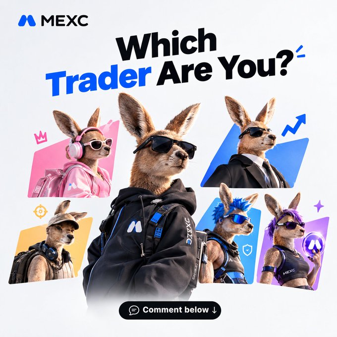 A promotional image for MEXC featuring five anthropomorphic kangaroos in different trader personas with the text "Which Trader Are You?" and a "Comment below" call-to-action, used to encourage engagement in a giveaway contest with a 50 USDT prize pool for 5 fans.