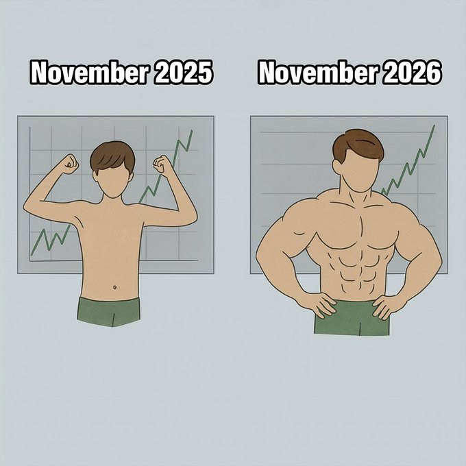 A cartoon comparing 'November 2025' showing a slim person flexing with an upward line graph to 'November 2026' showing a muscular figure with a higher line graph.