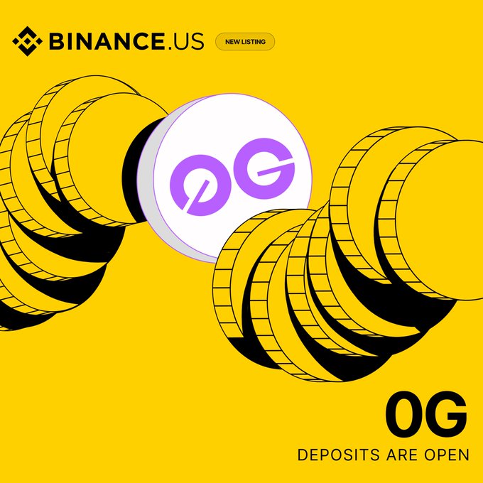 A Binance.US promotional graphic announcing the new listing of 0G token, featuring a 3D coin with the "0G" logo threaded onto a chain against a yellow background, with text indicating "NEW LISTING," "OG," and "DEPOSITS ARE OPEN."