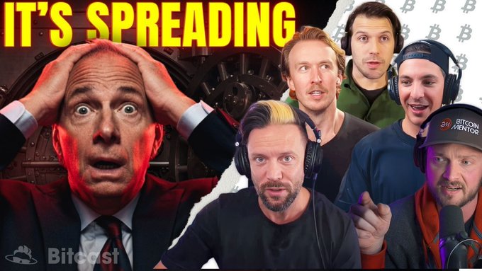 The image is a YouTube thumbnail for "Bitecast" featuring the bold yellow text "IT'S SPREADING" above a panicked-looking man with his hands on his head, alongside several commentators and a guest wearing a "Bitcoin Mentor" cap, visually promoting the show's discussion on BTC hacks and hedge fund contagion with guests Joey Tweets, Walker America, and Brandon Gentile.