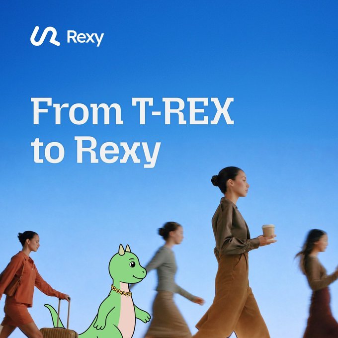 A promotional image for 'Rexy' with the tagline 'From T-REX to Rexy,' showing a woman holding coffee walking past an illustrated green dinosaur character on a blue background.