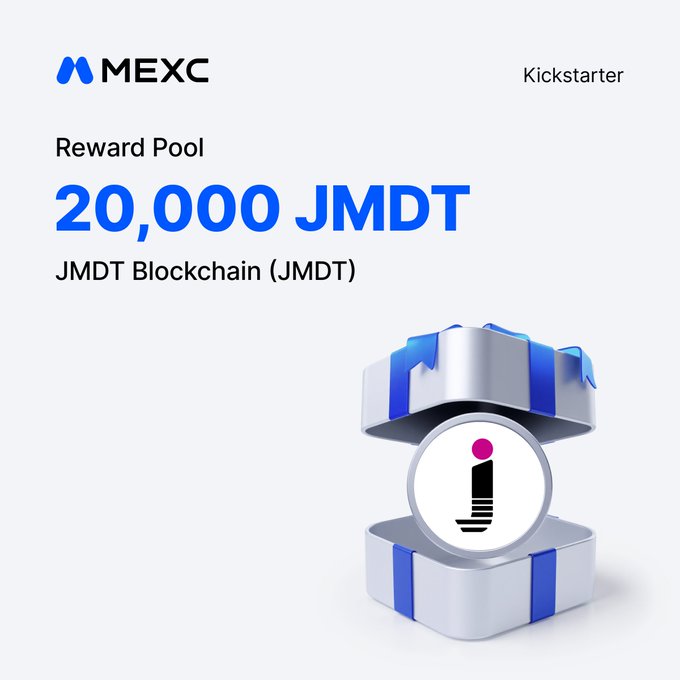 A MEXC Kickstarter promotional graphic for JMDT Blockchain featuring a 20,000 JMDT reward pool, accompanying the announcement of JMDT/USDT trading launch in MEXC's Innovation Zone on August 6, 2026.
