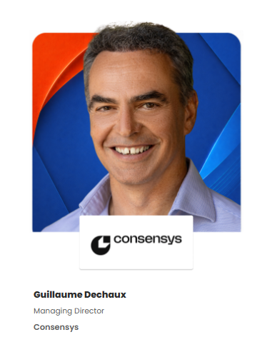 A profile-style portrait of a smiling man with graying hair, identified by text below as Guillaume Dechaux, Managing Director of Consensys, set against a blue and orange abstract background.