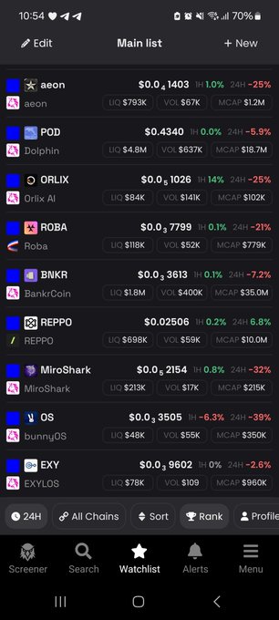 A mobile app screenshot showing a 'Main list' of various tokens including aeon, POD, ORLIX, ROBA, and BNKR with their prices, liquidity, and volume.