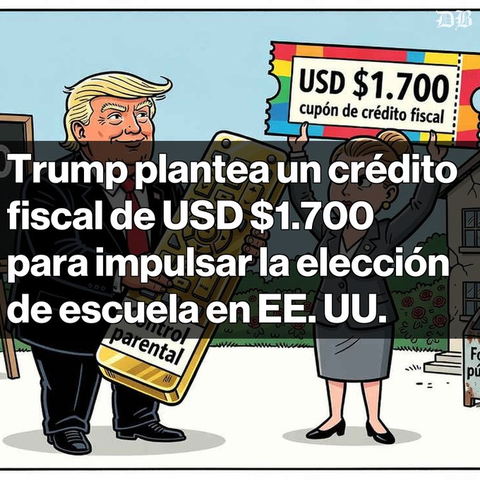 A political cartoon with Spanish text 'Trump plantea un crédito fiscal de USD $1.700 para impulsar la elección de escuela en EE. UU.' showing a caricature of Donald Trump holding a large 'parental' credit card while a woman holds a ticket reading 'USD $1.700 cupón de crédito fiscal'.
