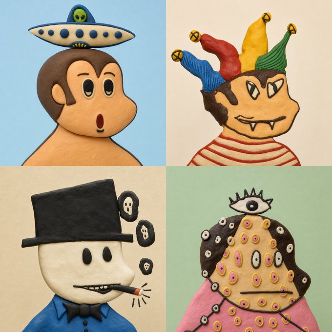 Four sculpted clay-like character portraits: a monkey with a UFO hat, a jester, a skeleton in a top hat smoking, and a multi-eyed creature.
