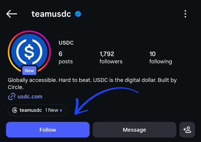 A screenshot of the @teamusdc Instagram profile (1,792 followers) with a hand-drawn blue arrow pointing to the "Follow" button, promoting USDC's new Instagram presence as mentioned in the post.