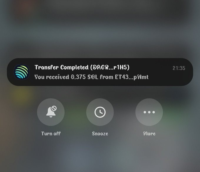 The image shows an email notification screen with a message from a company named "DACR. rinsh" stating that someone has completed a transfer of 0.37 SLO from ETR43.pmltm. The email also mentions that the recipient received the transfer and is now waiting for more information about their account.