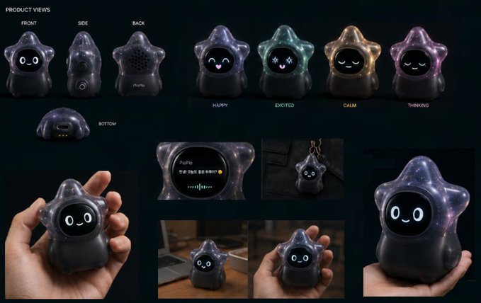 A star-shaped, palm-sized electronic pet called "PloPlo" is displayed from multiple angles (front, side, back, bottom), showing various digital facial expressions including HAPPY, EXCITED, CALM, and THINKING, along with views of it being held in a hand and displayed on a small screen showing "a little love."