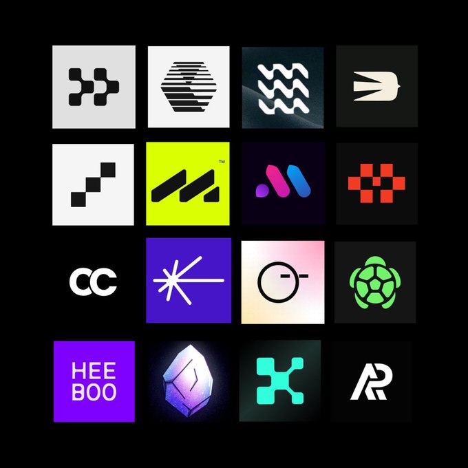 A 4x4 grid displaying sixteen various minimalist logo designs on black and colored backgrounds.