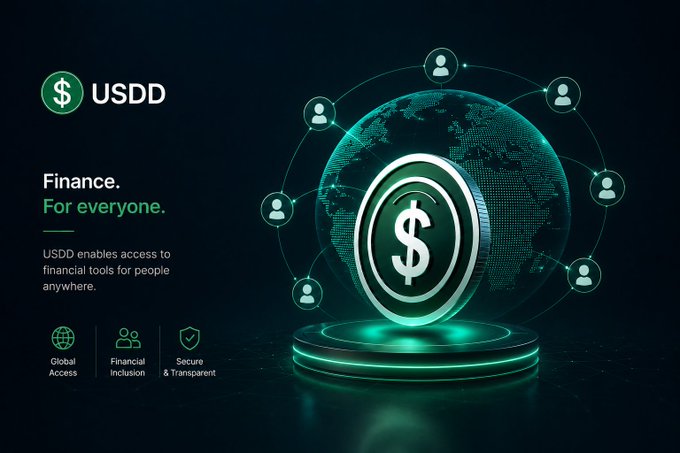 A digital advertisement for 'USDD' with the text 'Finance. For everyone.' and 'USDD enables access to financial tools for people anywhere.' It features a coin with a dollar sign surrounded by a network of user icons on a globe, along with icons for 'Global Access', 'Financial Inclusion', and 'Secure & Transparent'.