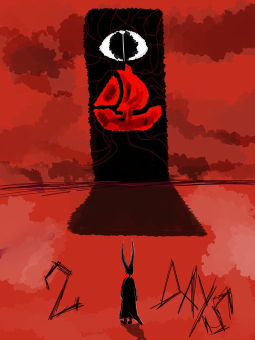 The image features an art piece with a red background, depicting a person standing next to a large door or window that has a rose painted on it. The artwork also includes a drawing of a skull and crossbones symbolizing danger or fear. The caption below the image reads "1666 hand-drawn pieces. 16-hour work days. Wallets handpicked The art is dark, raw, and genuinely different. This is what happens when a team actually comes to set a standard."