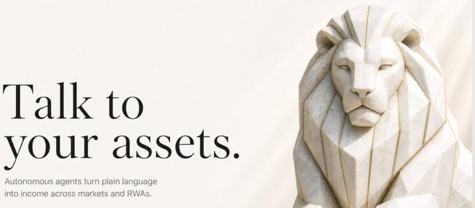 The image features a stylized marble lion sculpture with gold accents alongside the headline "Talk to your assets." and subtext reading "Autonomous agents turn plain language into income across markets and RWAs."

The post ties directly to the visual by promoting "Lion Agents" as the autonomous AI mentioned in the caption—positioning them as tools that let users simply speak instructions to grow their idle assets across markets and real-world assets (RWAs) around the clock.