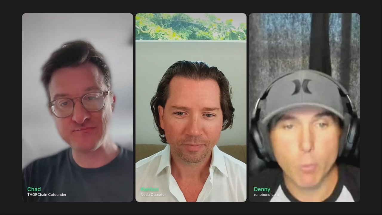 The image shows three men's faces displayed side by side against a gray background. The man on the left has dark hair and glasses, while the middle man has short brown hair. The man on the right also has dark hair but wears a black baseball cap with a white logo. The caption below the image reads "THORChain Update with @CBarraford, @patriotsounds, @KentonC137 | Podcast #207".
