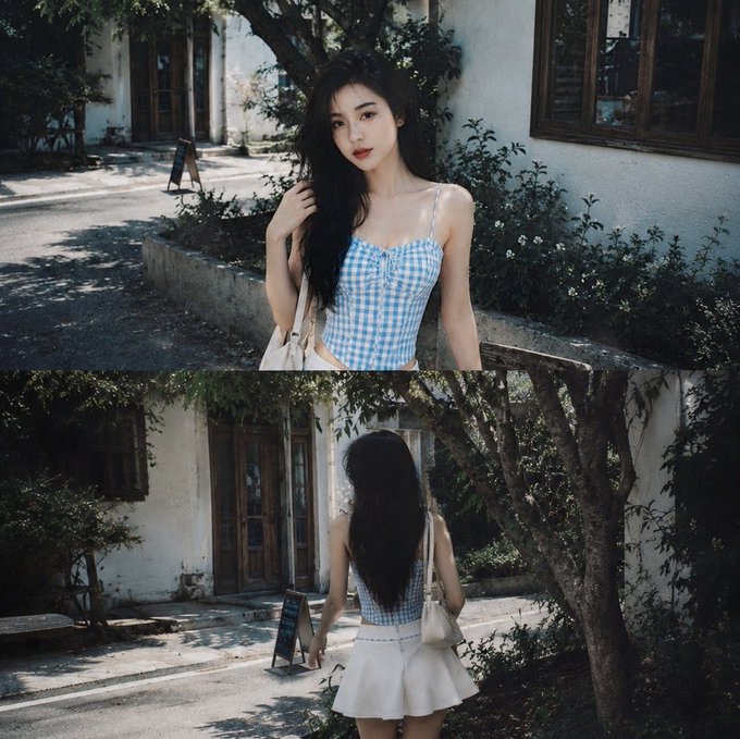A young woman with long dark hair wearing a blue and white checkered top and white skirt poses in front of a tree, with a second view showing her from behind.