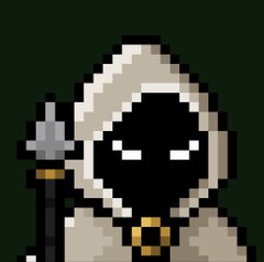 A pixel art character wearing a white hooded cloak with a dark, shadowy face and glowing white eyes, holding a spear against a dark green background.