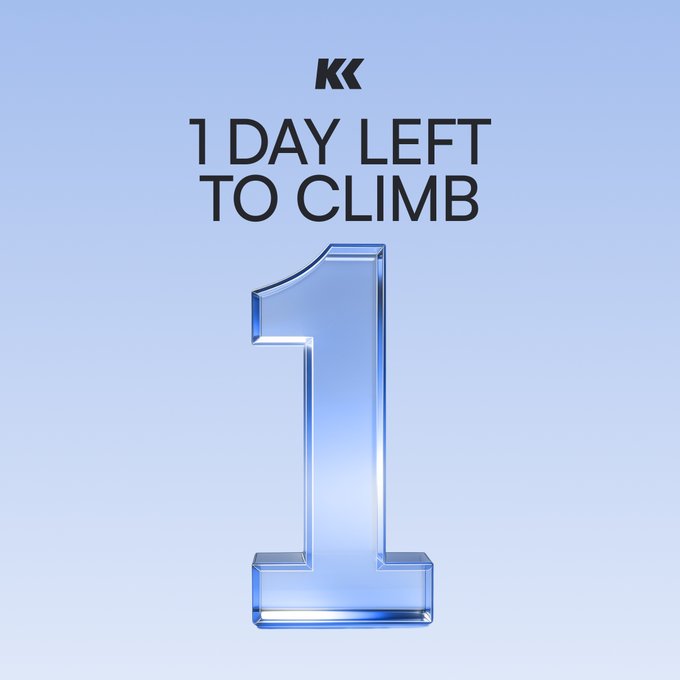 A minimalist light-blue countdown graphic with the 'KK' logo and the text '1 DAY LEFT TO CLIMB' above a large 3D glass-style number '1'.