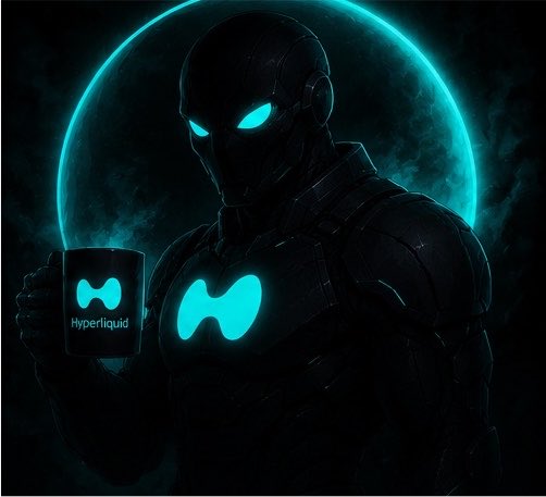 Digital illustration of a futuristic armored figure with glowing cyan eyes and chest emblem, holding a black mug with the 'Hyperliquid' logo, set against a dark background with a glowing cyan planet.