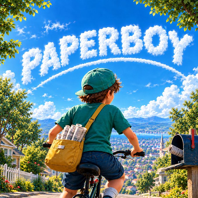 A whimsical illustration of a paperboy on a bicycle looking out over a city and mountains under a blue sky where the word 'PAPERBOY' is written in clouds.