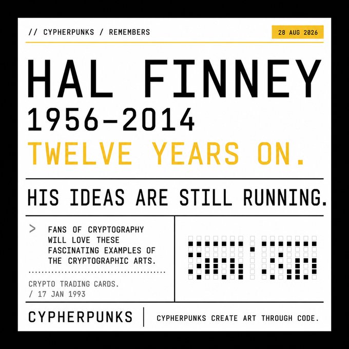 A memorial graphic honoring Hal Finney (1956-2014), commemorating twelve years since his passing. The design references cypherpunks and his 1993 crypto trading cards, with text reading '// CYPHERPUNKS / REMEMBERS', 'HAL FINNEY 1956-2014', 'TWELVE YEARS ON. HIS IDEAS ARE STILL RUNNING', and 'CYPHERPUNKS CREATE ART THROUGH CODE.' dated 28 AUG 2026.