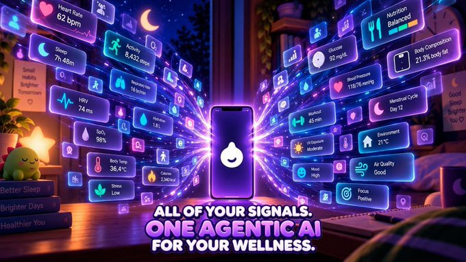 An advertisement for an AI wellness agent displaying various health metrics like heart rate, sleep, HRV, and glucose, with the text 'ALL OF YOUR SIGNALS. ONE AGENTIC AI FOR YOUR WELLNESS.'