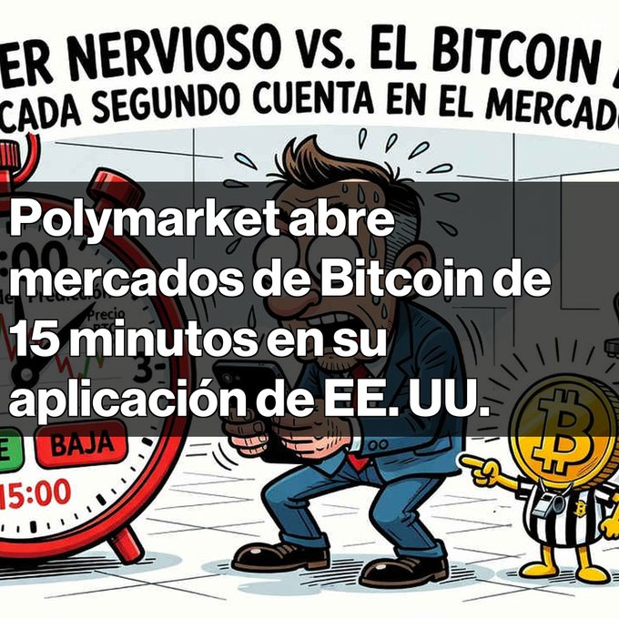 A cartoon illustration showing a stressed, sweating businessman in a blue suit looking at his phone, with a stopwatch and a Bitcoin mascot pointing at him; Spanish text overlay reads 'Polymarket abre mercados de Bitcoin de 15 minutos en su aplicación de EE. UU.'