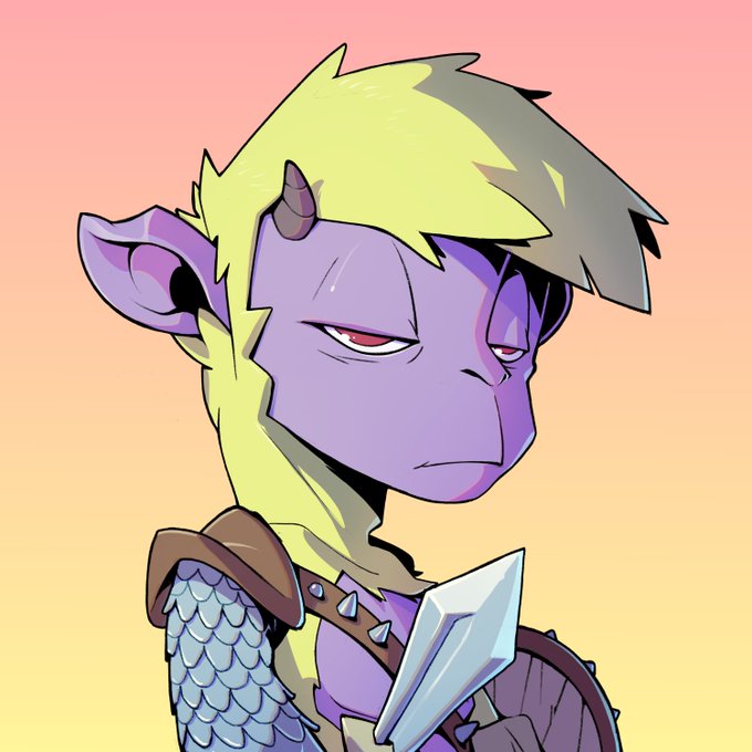 A purple-skinned, horned goblin-like warrior with shaggy blonde hair glares sideways, clad in scale armor and gripping a sword and shield. The character's mischievous, devilish expression embodies the "Mid" persona referenced in the @MidEvilsNFT post, fitting the collection's theme of mischievous evil characters.