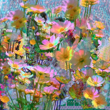 A vibrant digital artwork of colorful flowers in pink, yellow, and orange hues, with a faint watermark overlay.
