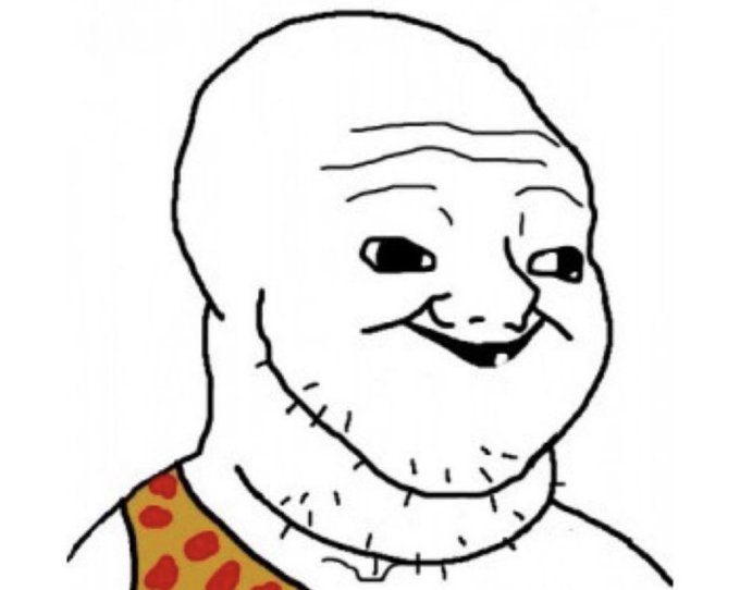 A crude line drawing of a smug, smiling "Wojak" meme character with a stubbly chin and a polka-dot tie, used to mock people who impulsively buy NFTs based on hype-driven headlines about high-profile sales. The patronizing smirk embodies the contempt the post expresses toward those considered easy marks for NFT marketing.