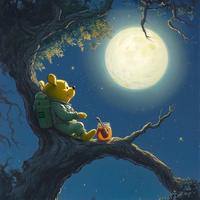 A whimsical illustration of a Winnie the Pooh-like character in a spacesuit sitting on a tree branch at night, gazing at a large glowing moon with a jar of honey beside him.
