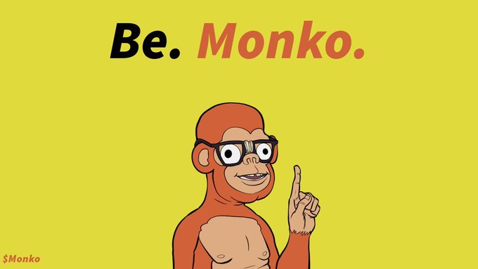 A cartoon illustration of a smiling monkey wearing glasses, pointing upward with one finger, next to the text "Be. Monko." on a yellow background, with "$Monko" in the corner.
