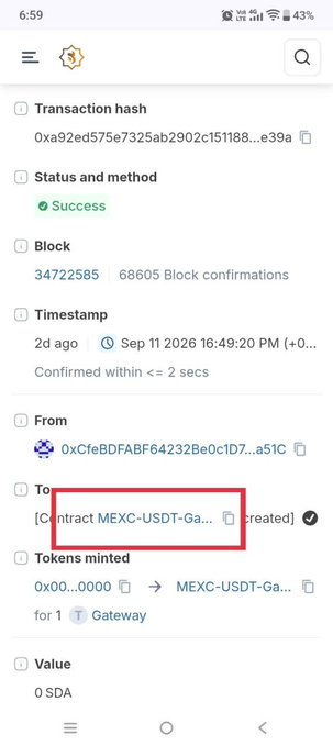 A mobile screenshot of a successful blockchain transaction hash 0xa82ed75e7325ab2902c151188...e39a on block 34722585, with a red box highlighting 'Contract MEXC-USDT-Ga...' as the recipient.