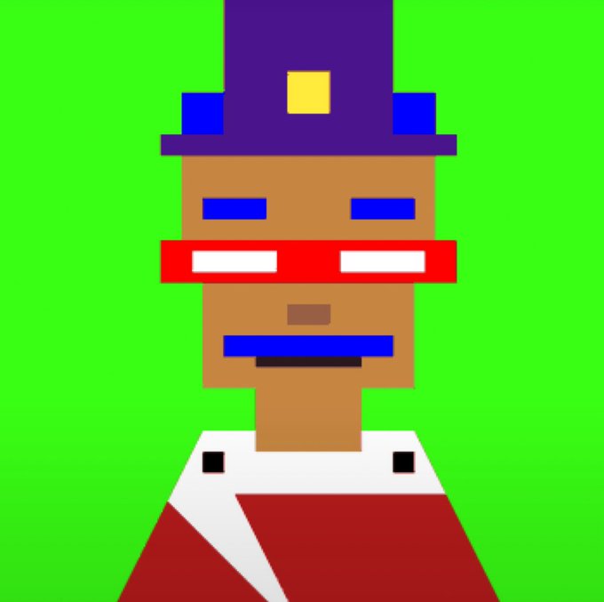 A pixel-art style portrait of a character with brown skin wearing a purple hat with a yellow square, red-tinted glasses, and a red shirt against a bright green background.