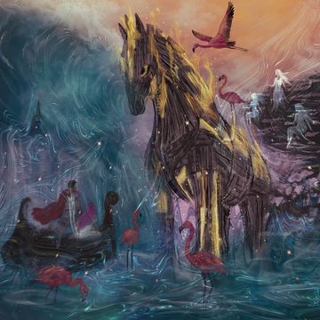 A surreal digital painting depicting a golden, textured horse standing in water surrounded by pink flamingos and a colorful, swirling sky.