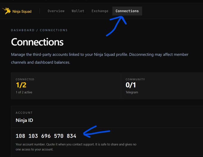 A Ninja Squad dashboard showing the "Connections" page where users can manage third-party accounts, displaying a Ninja ID account number "108 103 696 570 834" with blue arrows highlighting the tab and account number.