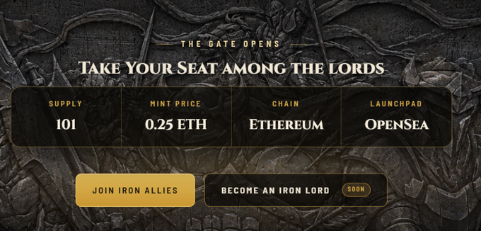 A promotional graphic titled 'TAKE YOUR SEATS AMONG THE LORDS' announcing an NFT collection with a supply of 101, a mint price of 0.25 ETH, on the Ethereum chain, launching on OpenSea.